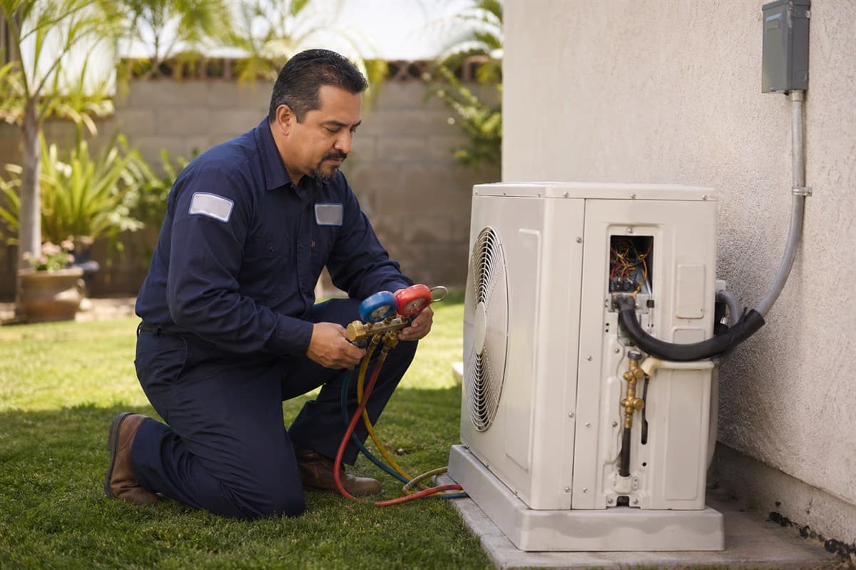 Licensed HVAC technician servicing an AC unit in Los Angeles